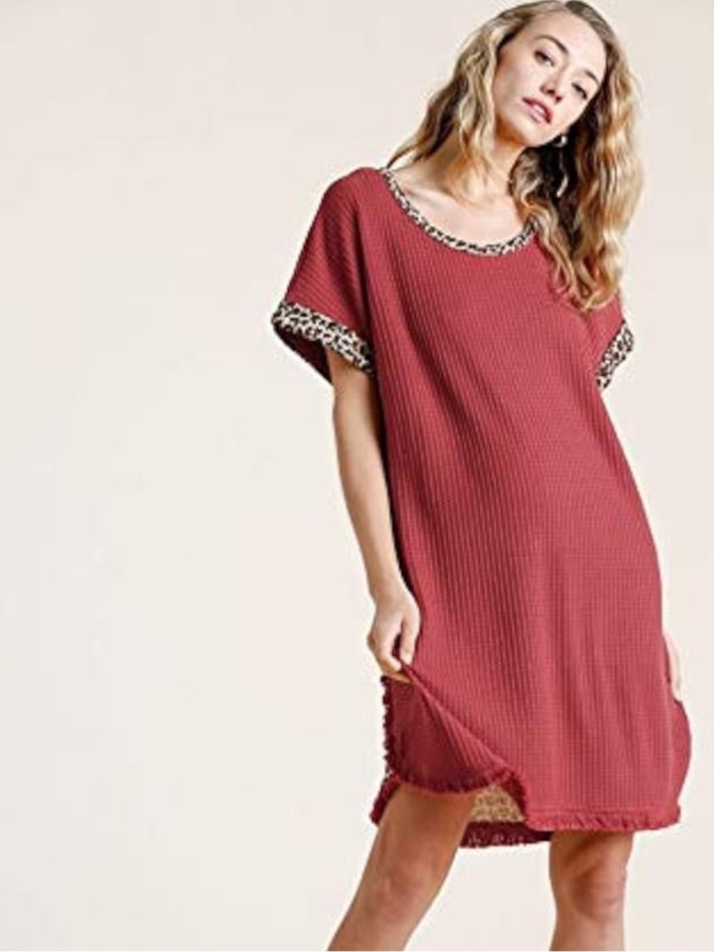 Umgee Brick Red Waffle Knit dress with Leopard Trim